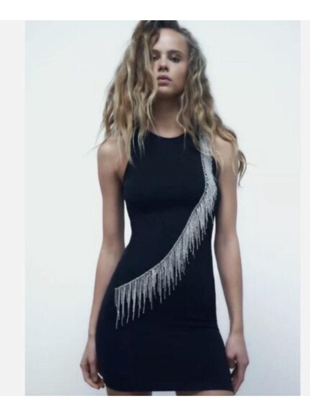 Zara Rhinestone Fringe Bodycon Mini Dress Black Sleeveless Stretch XS-S NWT